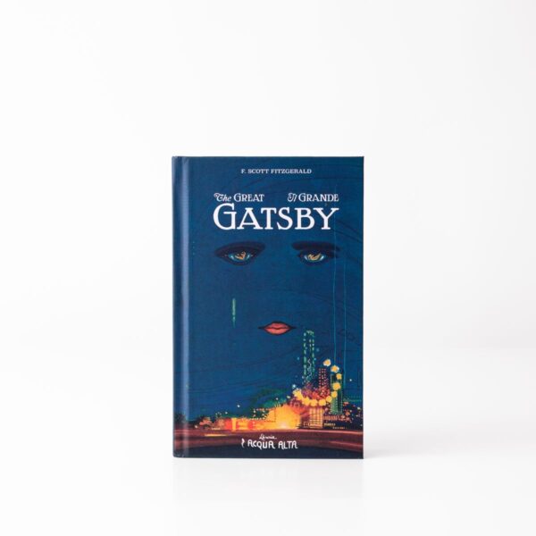 Copertina frontale de Il Grande Gatsby con illustrazione del volto e skyline notturno