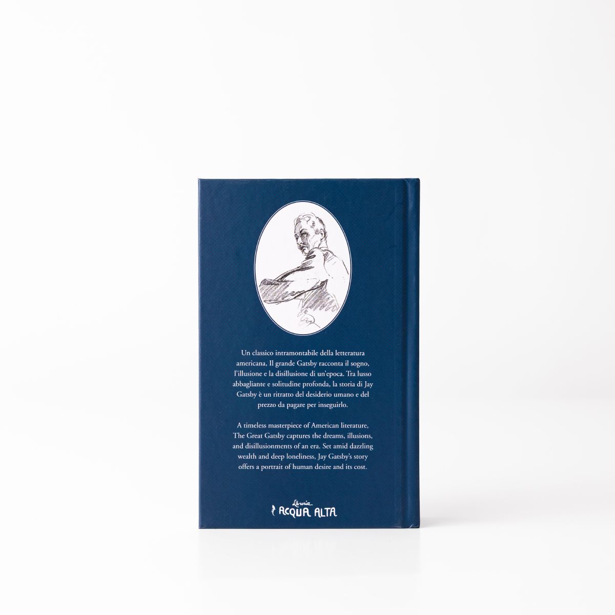 Retro copertina de Il Grande Gatsby con illustrazione e descrizione del libro in italiano e inglese