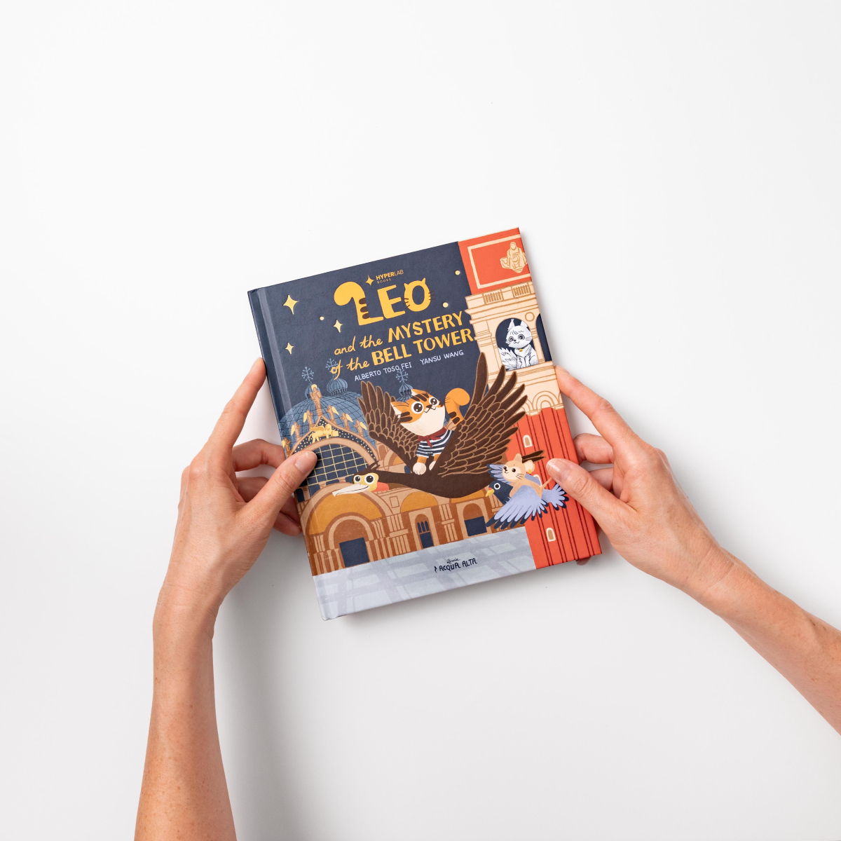 Leo e il mistero del campanile – copertina rigida Libro Leo e il mistero del campanile tenuto in mano, copertina rigida illustrata Venezia