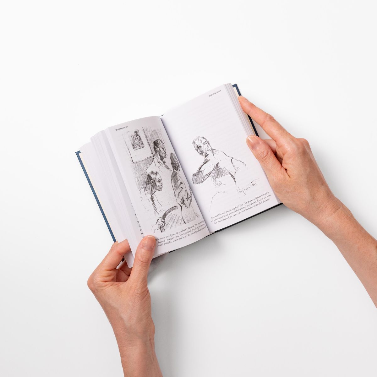Pagine interne de Il Grande Gatsby con illustrazioni a matita e testo bilingue italiano-inglese